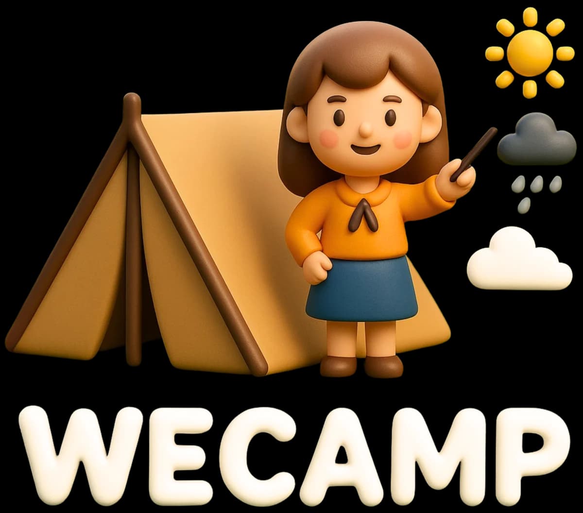 The WeCamp logo: Weeca beside a tent with sun, rain and cloud icons, above the WECAMP wordmark